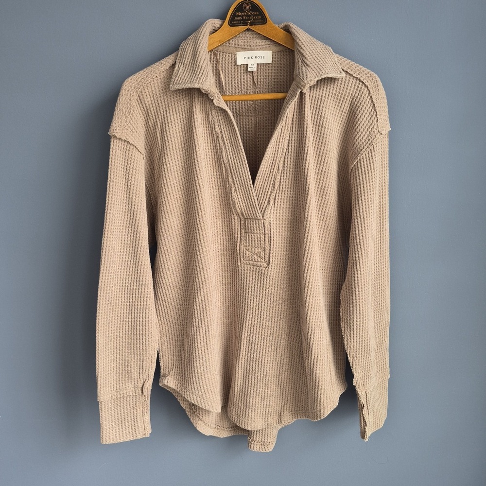Pink Rose Oversized Waffle Knit‎ Collard Pullover Raw Hem XS Color Pink Beige